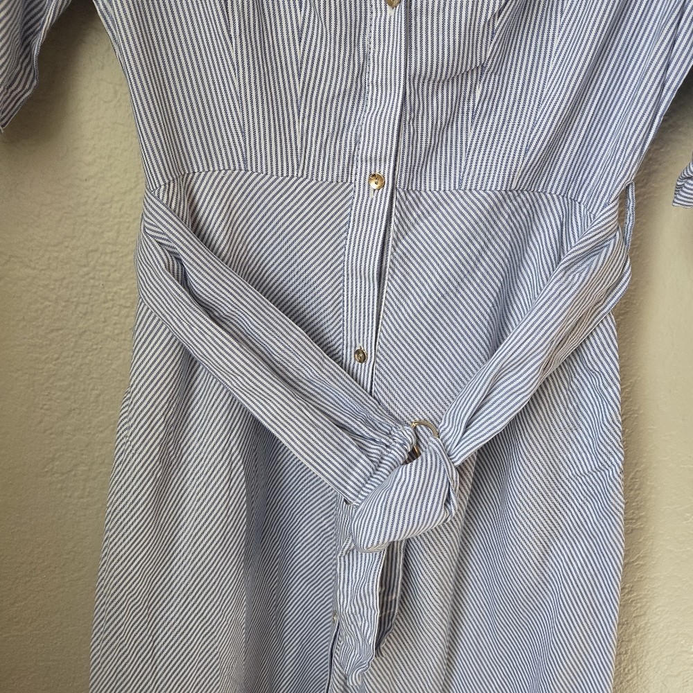 Zara Womens Blue White Striped Sz Small Buttom Collar Belted Shirt Dress - Picture 6 of 16